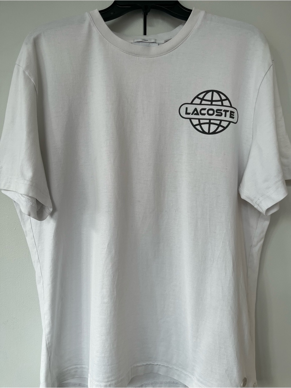 Lacoste White Short Sleeve Tee with Black Globe Logo-Size L-White